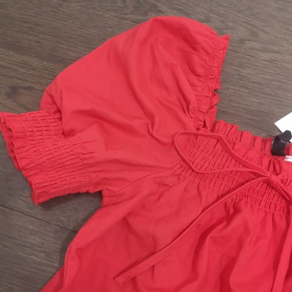H&M Red Puff Sleeve Blouse Ruched with Ribbon Tie - Picture 3 of 4